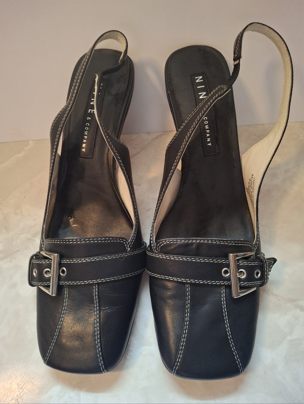 Nine & Company Black Leather Slingback Mules with Buckle Accent